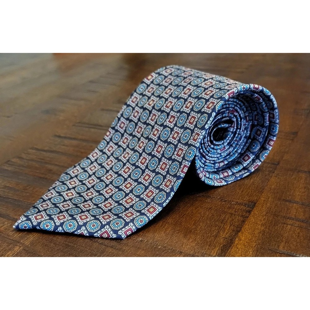 Carlos Tomasini 100% Silk Tie Navy Blue Red Gold‎ Geometric Made in USA